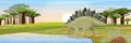 Stegosaurus near the lake. Prehistoric animals and plants. Vector landscape